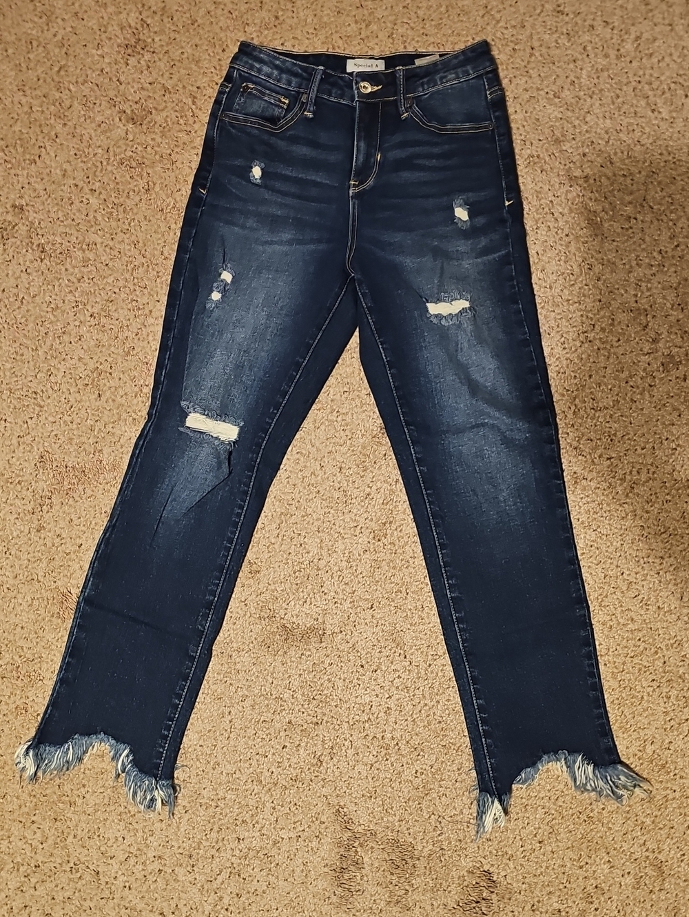 Special A Dark Blue Distressed Women's Jeans with Frayed Hem